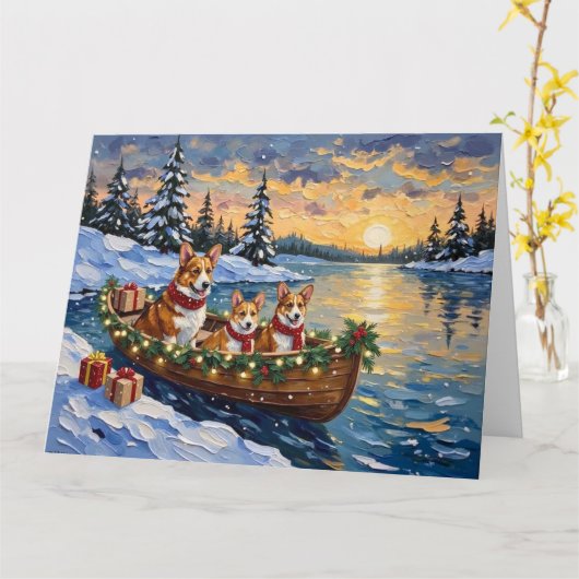 Corgi Christmas Boat Holiday カード (黄色い花)