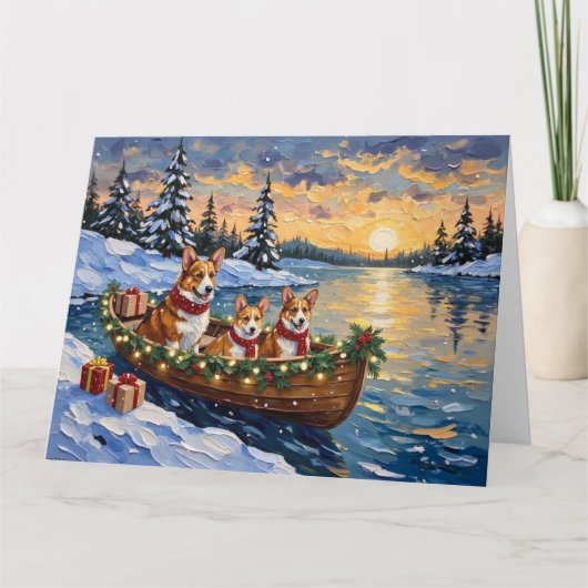 Corgi Christmas Boat Holiday カード (正面)