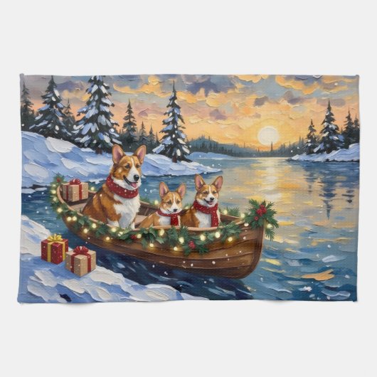 Corgi Christmas Boat Holiday キッチンタオル (横)