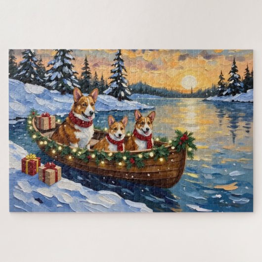 Corgi Christmas Boat Holiday ジグソーパズル (横)