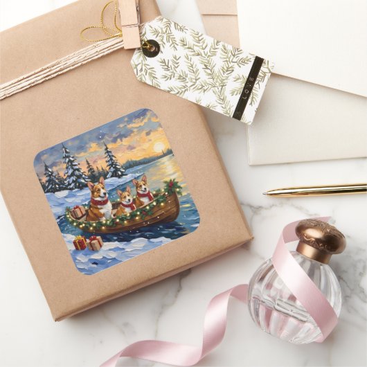 Corgi Christmas Boat Holiday スクエアシール (ギフト)
