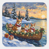Corgi Christmas Boat Holiday スクエアシール (正面)