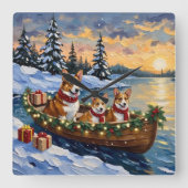 Corgi Christmas Boat Holiday スクエア壁時計 (正面)