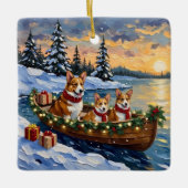 Corgi Christmas Boat Holiday セラミックオーナメント (正面)