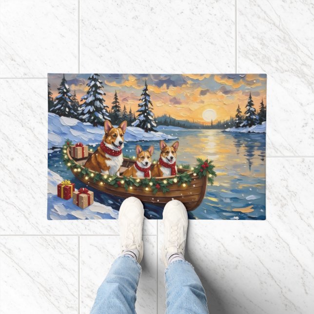 Corgi Christmas Boat Holiday ドアマット (室内)