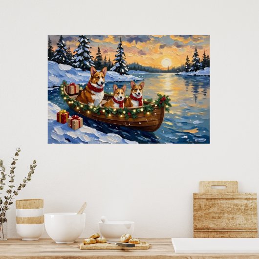 Corgi Christmas Boat Holiday ポスター (キッチン)