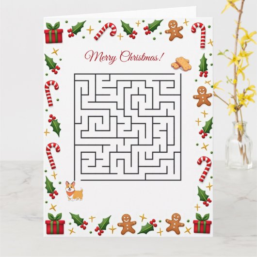 Corgi Christmas Maze Puzzle Holiday カード (黄色い花)