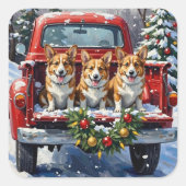 Corgi Christmas Red Truck Holiday スクエアシール (正面)