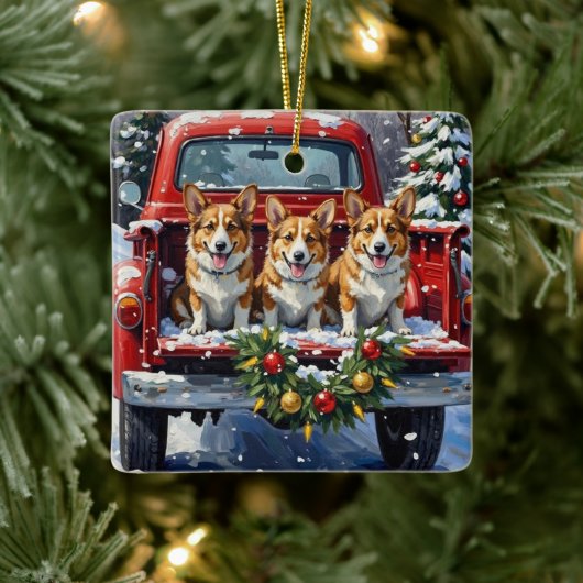Corgi Christmas Red Truck Holiday セラミックオーナメント (ツリー)
