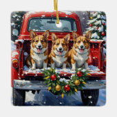 Corgi Christmas Red Truck Holiday セラミックオーナメント (正面)