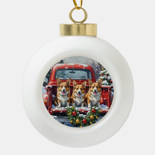 Corgi Christmas Red Truck Holiday セラミックボールオーナメント (正面)