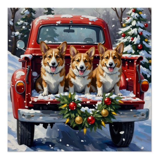 Corgi Christmas Red Truck Holiday ポスター (正面)