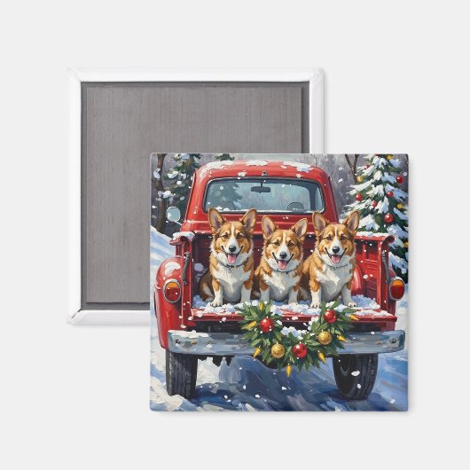 Corgi Christmas Red Truck Holiday マグネット (正面/裏面)