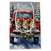 Corgi Christmas Red Truck Holiday ミディアムペーパーバッグ (正面)
