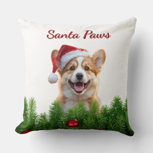 Corgi Christmas Throw Pillow – Santa Paws Design クッション (正面)