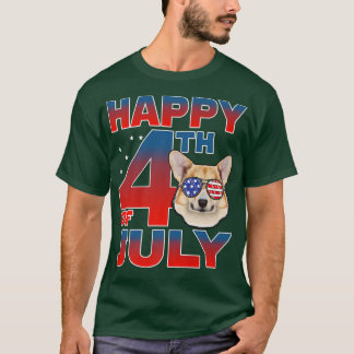 Corgi Dog American Flag Glasses Happy 4th Of July Tシャツ