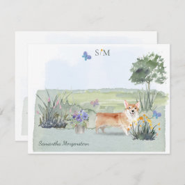 Corgi Dog Butfray Meadow Monogram and Name   ノートカード