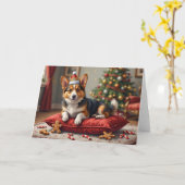 Corgi Dog Christmas Loaf with Santa Crown Art カード (黄色い花)
