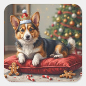 Corgi Dog Christmas Loaf with Santa Crown Art スクエアシール (正面)
