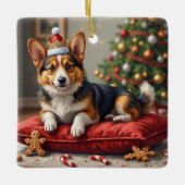 Corgi Dog Christmas Loaf with Santa Crown Art セラミックオーナメント (正面)
