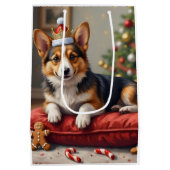 Corgi Dog Christmas Loaf with Santa Crown Art ミディアムペーパーバッグ (裏面)