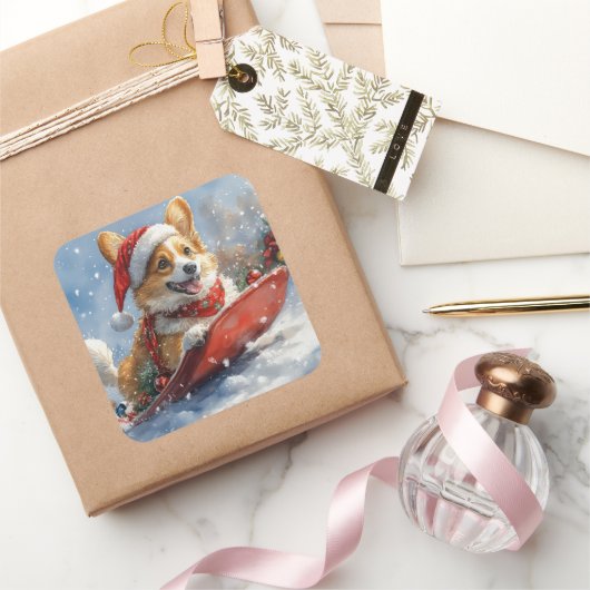 Corgi Dog in Sledge Let it Snow Christmas スクエアシール (ギフト)