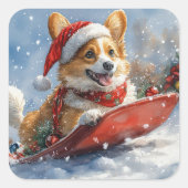 Corgi Dog in Sledge Let it Snow Christmas スクエアシール (正面)