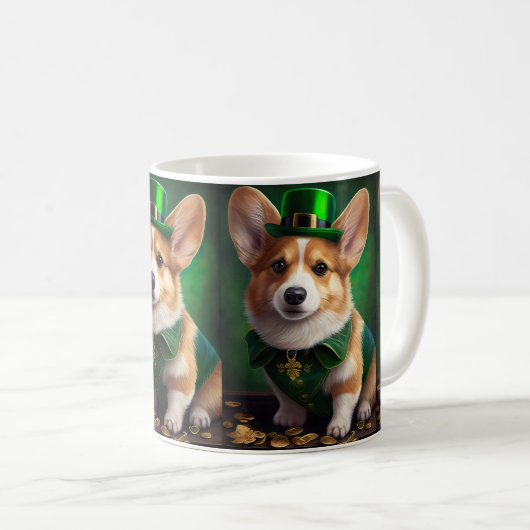 Corgi Dog in St. Patrick's Day Dress コーヒーマグカップ (正面右)
