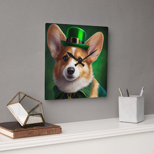 Corgi Dog in St. Patrick's Day Dress スクエア壁時計 (オフィス)