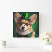 Corgi Dog in St. Patrick's Day Dress スクエア壁時計 (ホーム)