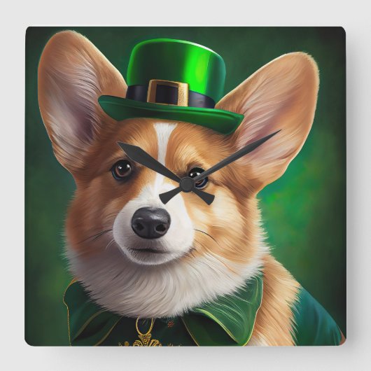 Corgi Dog in St. Patrick's Day Dress スクエア壁時計 (正面)