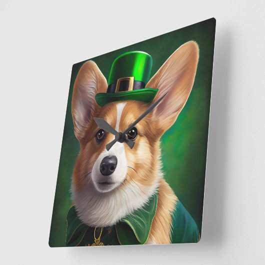 Corgi Dog in St. Patrick's Day Dress スクエア壁時計 (傾斜)