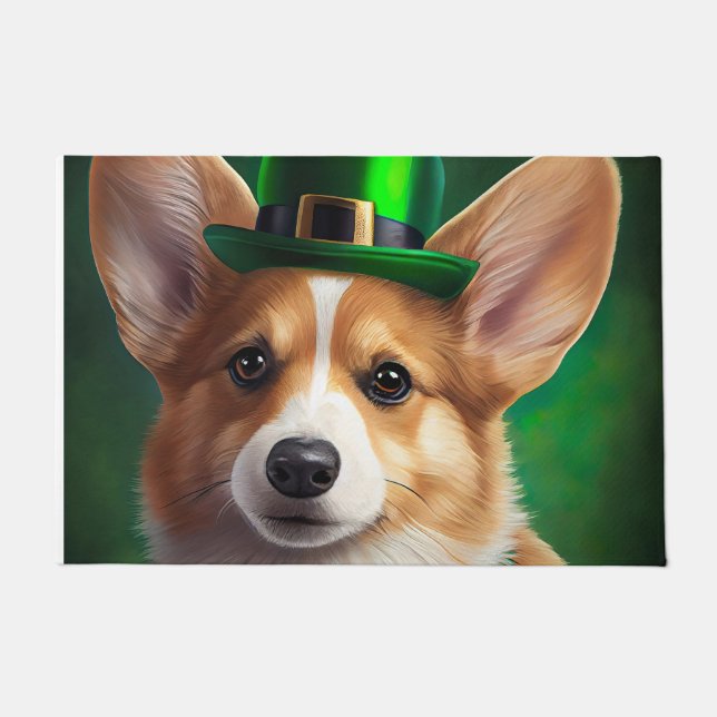 Corgi Dog in St. Patrick's Day Dress ドアマット (正面)