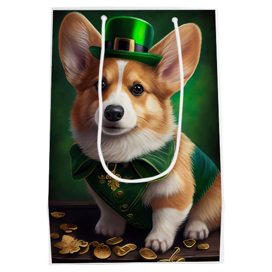 Corgi Dog in St. Patrick's Day Dress ミディアムペーパーバッグ (裏面)