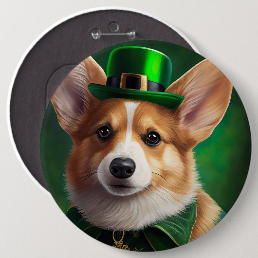 Corgi Dog in St. Patrick's Day Dress 缶バッジ (正面&裏面)