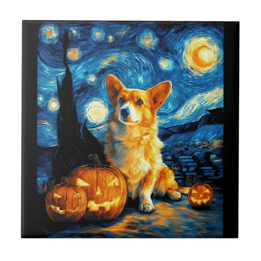 Corgi Dog Lovers Painting of van gogh starry night タイル (正面)