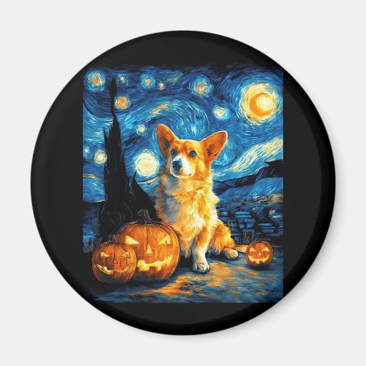 Corgi Dog Lovers Painting of van gogh starry night マグネット (正面)