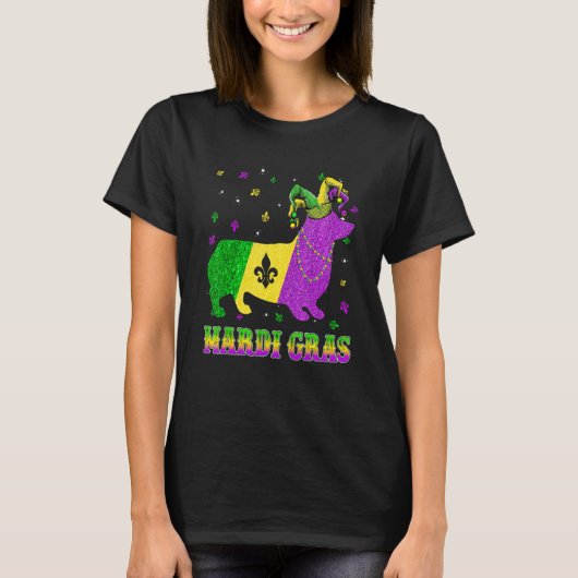 Corgi Dog Mardi Gras Carnival Jester Beads Tシャツ (正面)