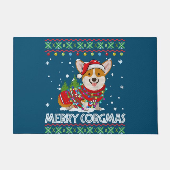 Corgi Dog Merry Corgmas Santa Corgi Ugly Christmas ドアマット (正面)