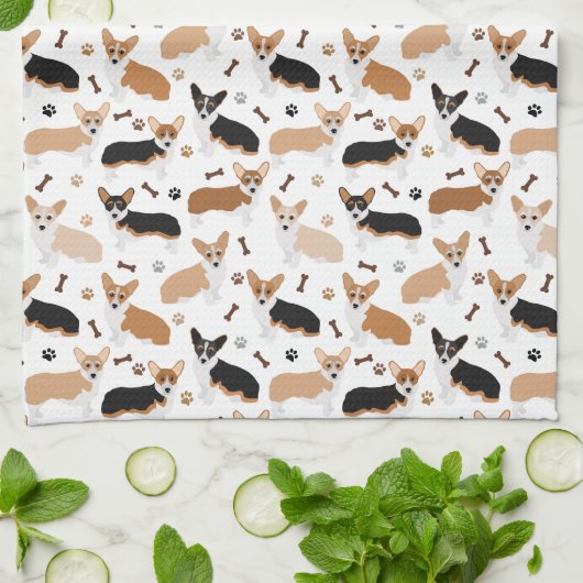 Corgi Dog Paws and Bones Kitchen Towel キッチンタオル (折り畳み)