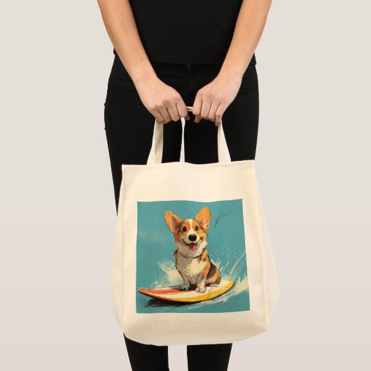 Corgi Dog Riding Surfboard トートバッグ (正面(商品))
