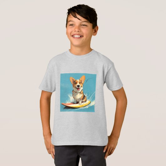 Corgi Dog Riding Surfboard Tシャツ (正面フル)