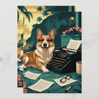 Corgi Dog with glossy fur and a gentleman vintage  招待状