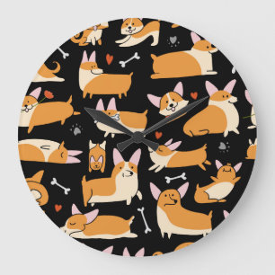 Corgi Dogs、かわいいシームレスな背景。 ラージ壁時計