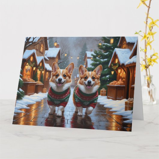 Corgi Dogs Christmas Snow Holiday カード (黄色い花)