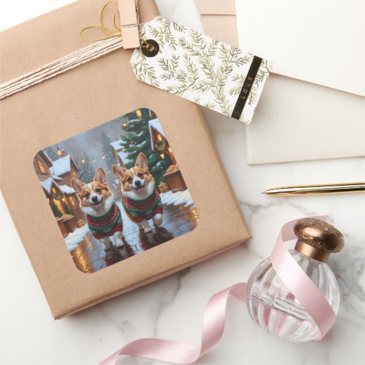 Corgi Dogs Christmas Snow Holiday スクエアシール (ギフト)