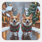 Corgi Dogs Christmas Snow Holiday スクエアシール (正面)
