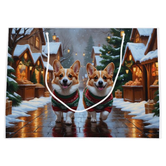 Corgi Dogs Christmas Snow Holiday ラージペーパーバッグ (正面)