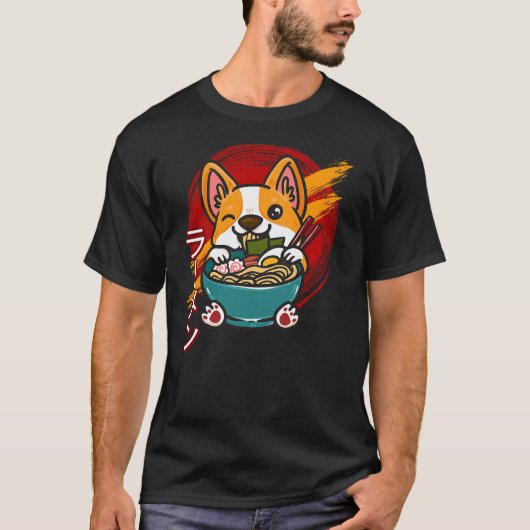 Corgi Eating Ramen Cute Kawaii Dog Japanese Noodle Tシャツ (正面)