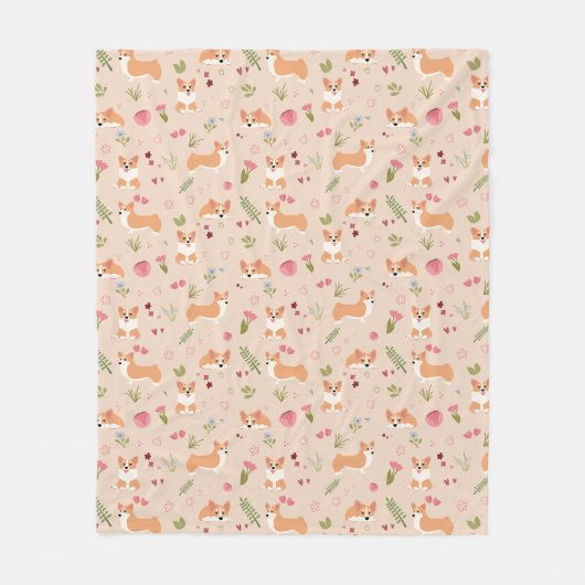 Corgi Floral Seamless Pattern - Cute Dog Art フリースブランケット (正面)